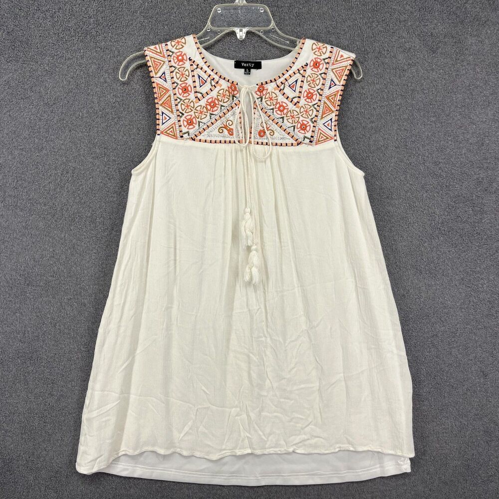 Verty Dress Womens Large White Sleeveless Boho Embroidered Tassel Peasant Tunic